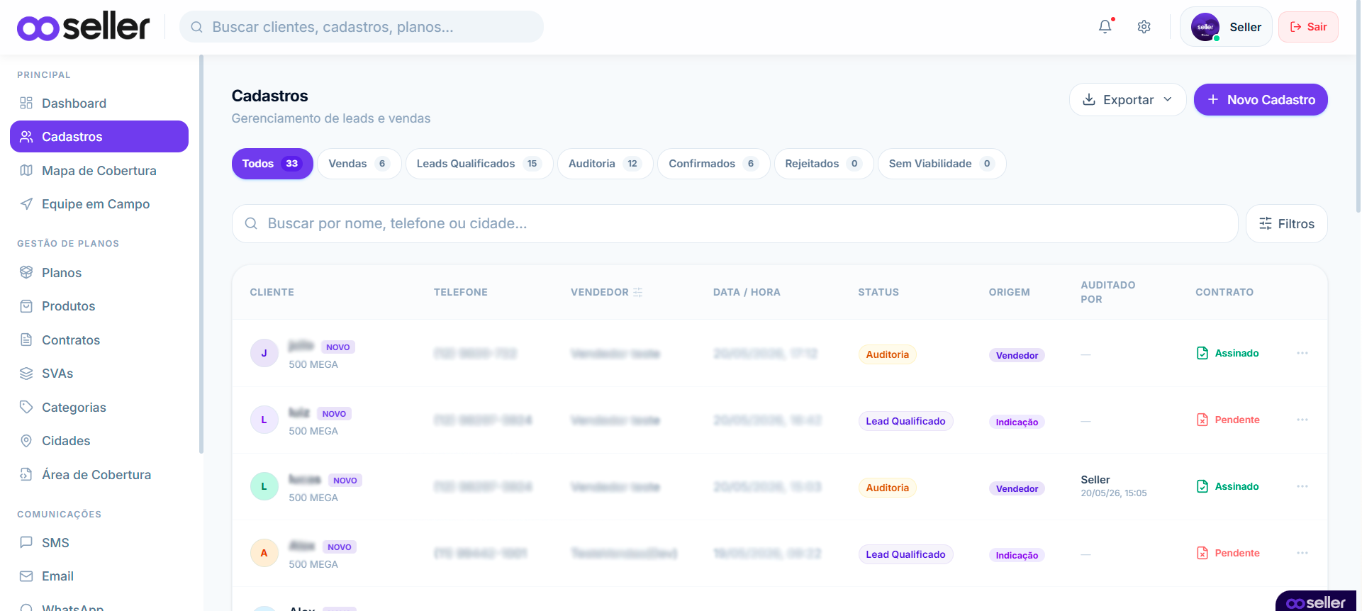 Cadastros de leads e vendas